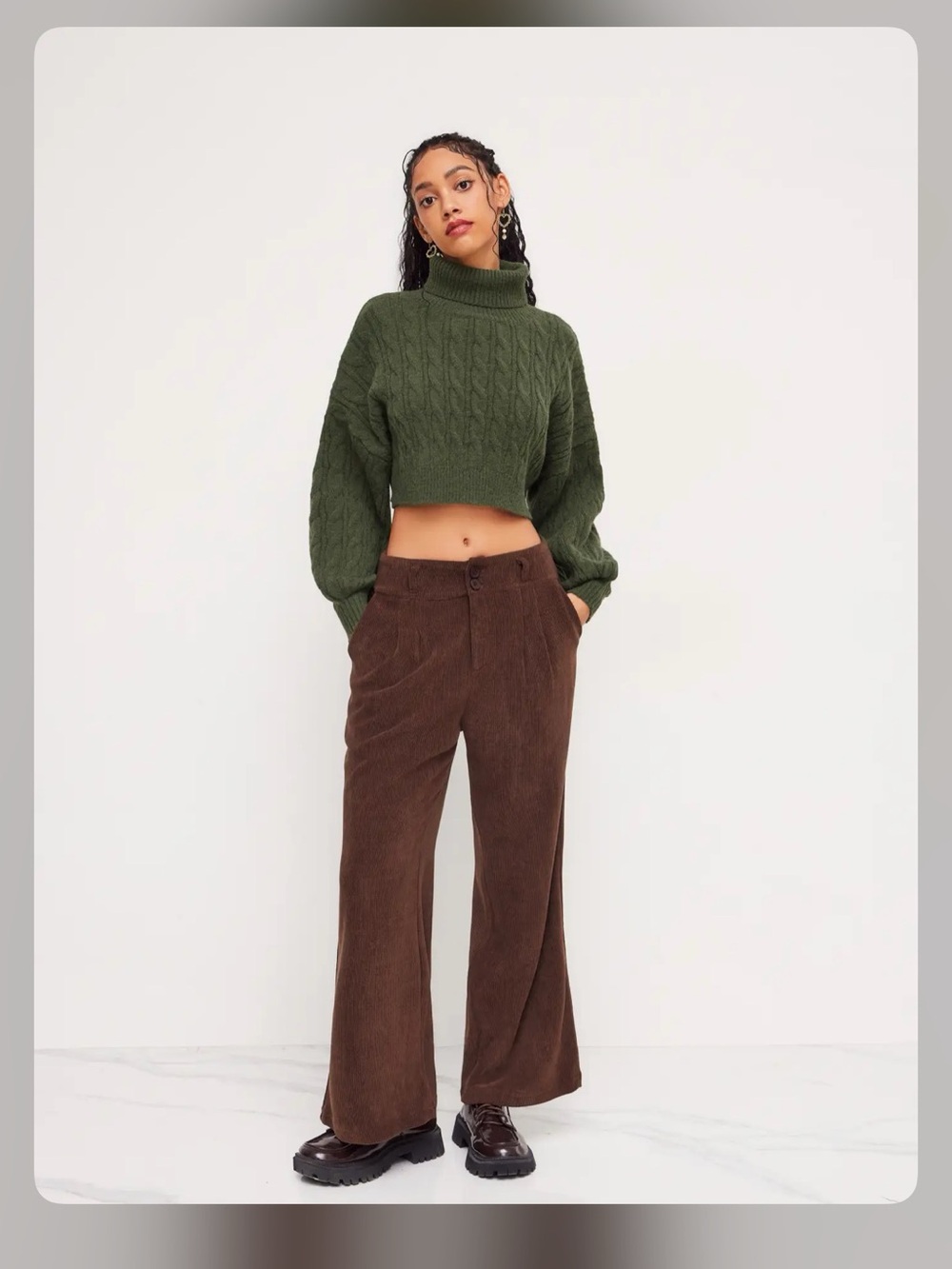 Cider CABLE KNIT TURTLENECK SOLID LONG SLEEVE CROP TOP XS WC1-28 - Picture 3 of 7